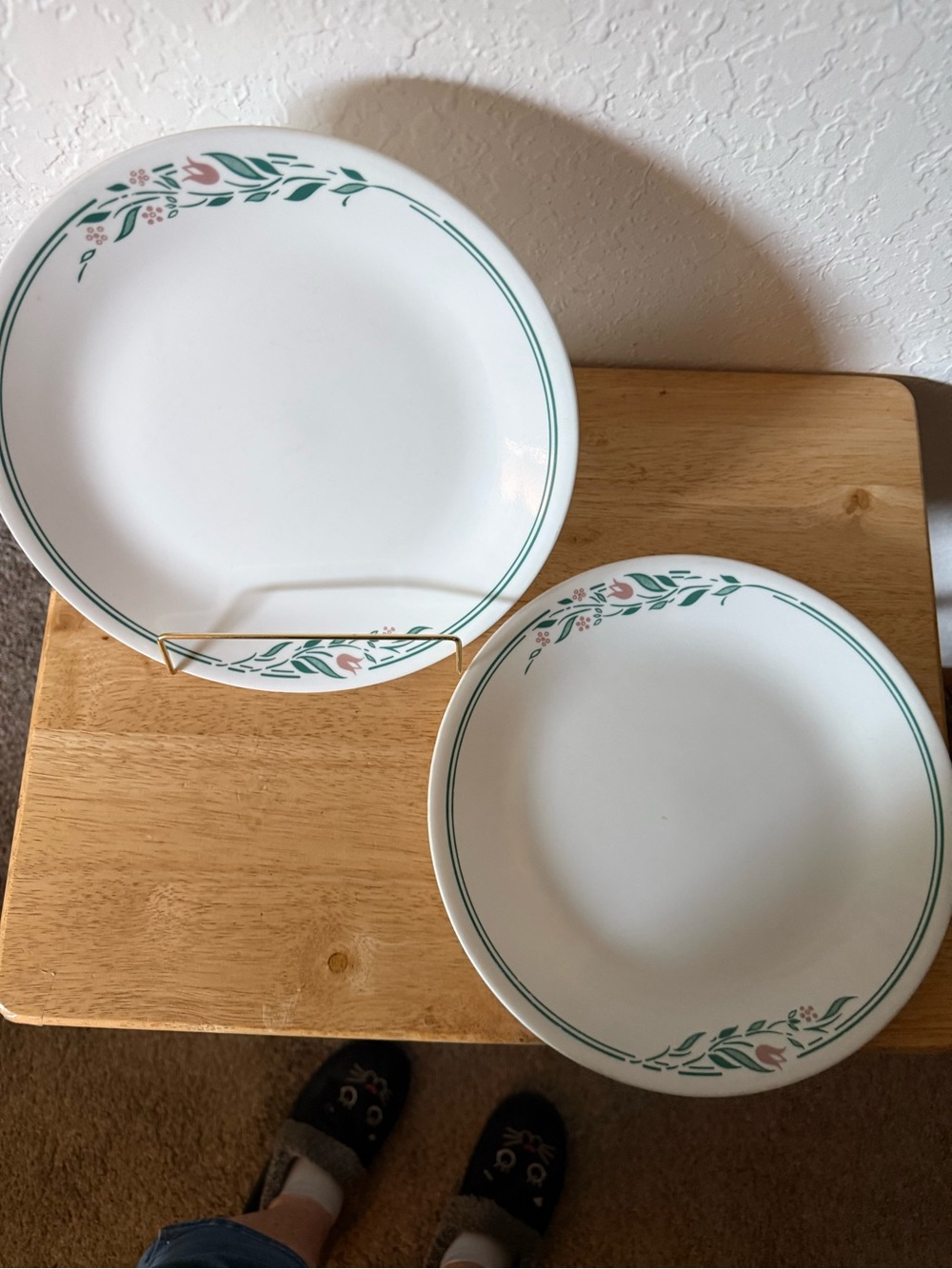 Corelle White Dinner Plates with Green and Pink Floral Trim Rosemarie Pattern.